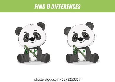 Find five differences between two pictures of cute panda. Cartoon panda and bamboo. Activity page. Vector