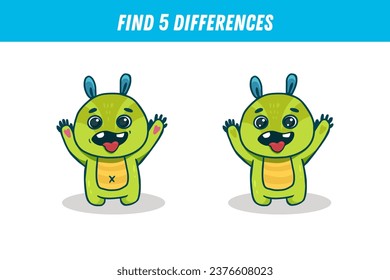 Find five differences between two pictures of cute green monster. Cute alien. Vector illustration