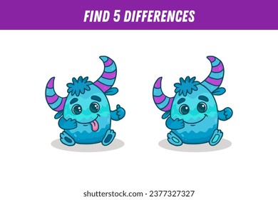 Find five differences between two pictures of cute blue monster. Cute alien. Vector