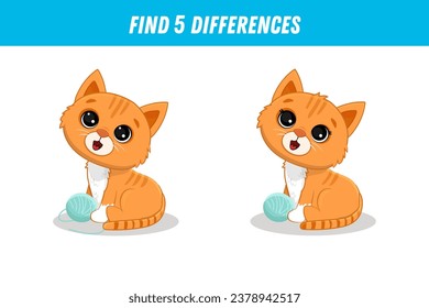 Find five differences between two pictures of cute red cat. Cute ginger kitten and ball of thread. Vector illustration