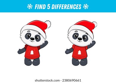 Find five differences between two pictures of cute panda. Cute panda bear. Activity page. Christmas game. Vector