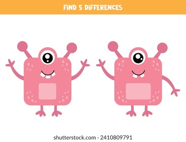 Find five differences between two pictures of cute cartoon pink monster.