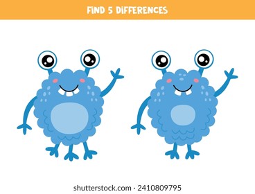 Find five differences between two pictures of cute cartoon blue monster.
