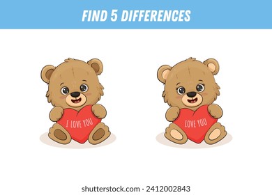 Find five differences between two pictures of cute brown bear. Cute teddy bear with heart. Activity page, game. Vector
