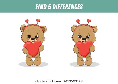 Find five differences between two pictures of cute brown bear. Cute teddy bear with heart. Activity page, game. Vector illustration