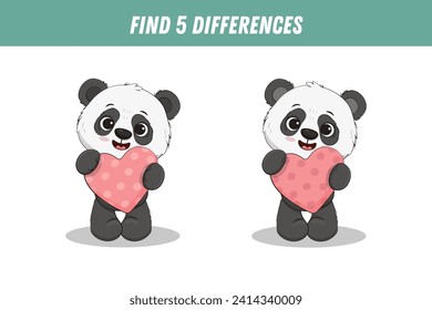 Find five differences between two pictures of cute panda bear. Cute panda with heart. Activity page, game. Vector