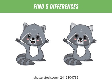 Find five differences between two pictures of cute cartoon  raccoon. Activity page. Vector