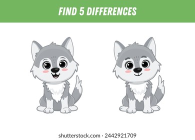 Encuentra cinco diferencias entre dos imágenes de lobo lindo de dibujos animados. Página de actividad. Vector