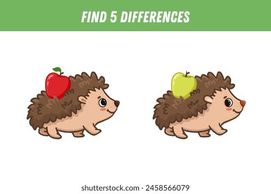 Find five differences between two pictures of cute hedgehog. Cartoon hedgehog and apple. Activity page. Vector illustration