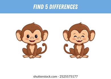 Find five differences between two pictures of a cute monkey. cartoon monkey. Activity page. Vector