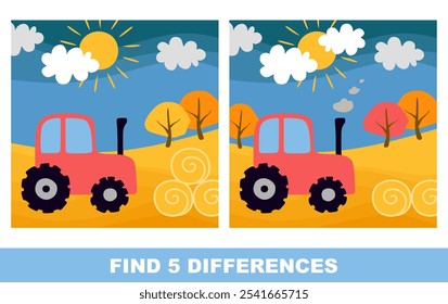 Find five differences between two cards with red tractors on autumn field. Game for children