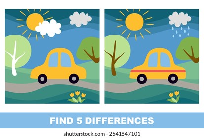 Find five differences between two pictures with cars. Game for children