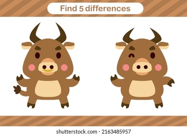 Find five differences of bull,Education game for kids.Educational page