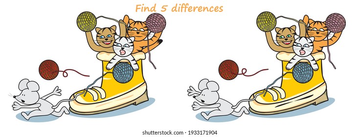 Find five differences, cats at shoe and mouse, vector humorous illustration