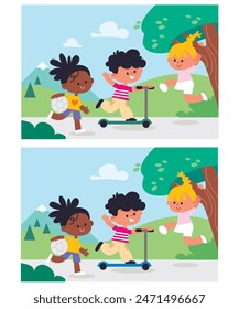 Find five differences. Children spend time outside, having fun, relaxing. Summer holidays. Girl hanging on a branch, boy riding a scooter. Children play together. 