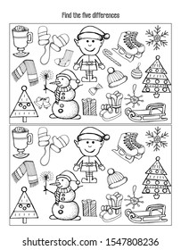Find five differences coloring with Christmas attributes. Children's education. - Vector graphics