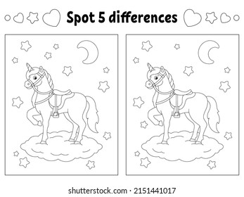 Find five differences. Coloring page for kids. Activity worksheet for children. Vector illustration isolated on white background.