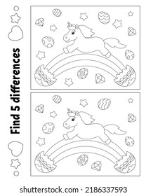 Find five differences. Coloring page for kids. Activity worksheet for children. Vector illustration isolated on white background.