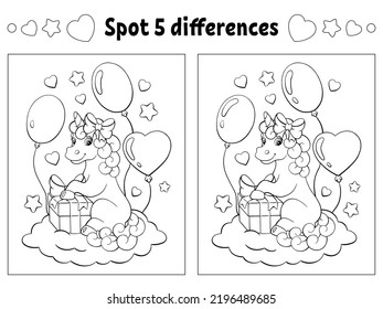 Find five differences. Coloring page for kids. Activity worksheet for children. Vector illustration isolated on white background.