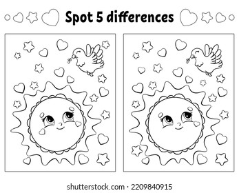Find five differences. Coloring page for kids. Activity worksheet for children. Vector illustration isolated on white background.