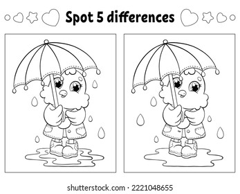 Find five differences. Coloring page for kids. Activity worksheet for children. Vector illustration isolated on white background.