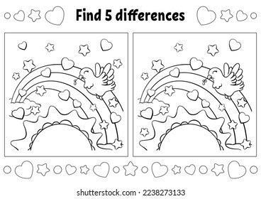 Find five differences. Coloring page for kids. Activity worksheet for children. Vector illustration isolated on white background.