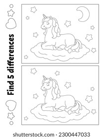 Find five differences. Coloring page for kids. Activity worksheet for children. Vector illustration isolated on white background.