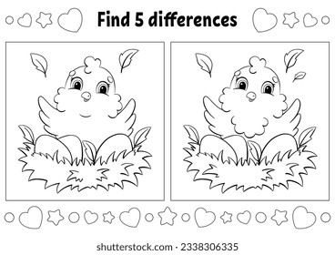 Find five differences. Easter theme. Coloring page for kids. Activity worksheet for children. Vector illustration isolated on white background.