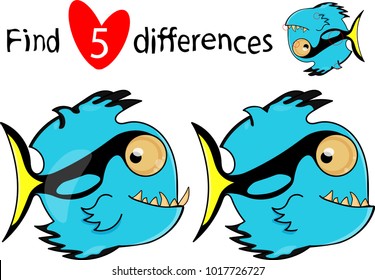 Find five differences. Educational game cute fish for children.Vector illustration