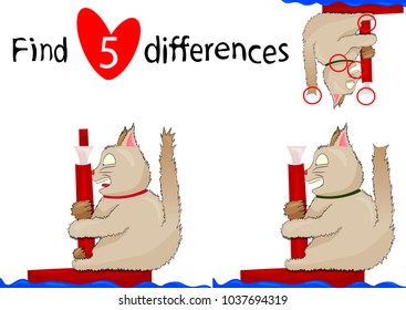 Find five differences. Educational game cute cat on buoy for children.Vector illustration