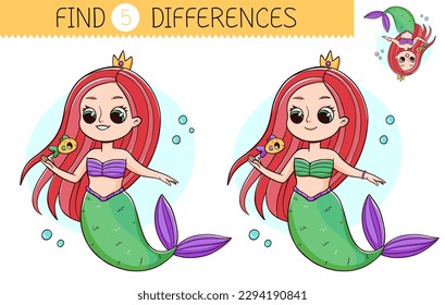 Find five differences is an educational game for kids with mermaid. Cute cartoon mermaid with fish. Vector illustration.