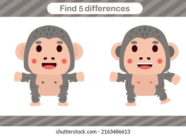 Find five differences of gorilla,Education game for kids.Educational page