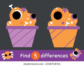 Find five differences logic halloween cute cartoon vector kid childish illustration candy treat muffin  exercise homework activity game puzzle preschool printable page.