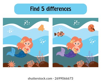 
Encuentra Cinco Diferencias Juego De Sirena. Actividades educativas para niños
