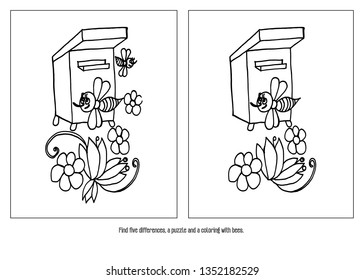 
Find five differences, a puzzle and a coloring with a house and bees. Vector graphics.