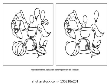 Find five differences, a puzzle and a coloring with toys. Vector graphics.