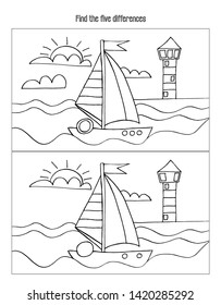 Find five differences, puzzle and coloring boat with sails. Vector graphics.
