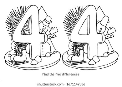 
Find five differences, a puzzle and coloring, the number four. Children's education, exercises. Vector graphics
