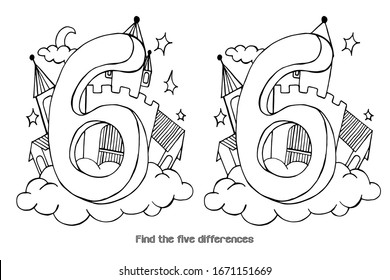 Find five differences, a puzzle and coloring, the number six. Children's education, exercises. Vector graphics