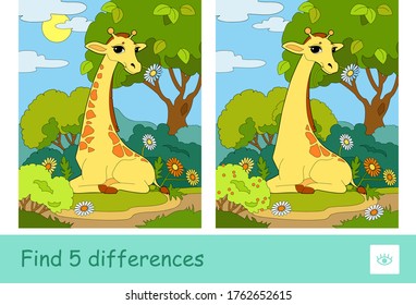 Find five differences quiz children game with image of a giraffe eating a flower who sits in a woodland. Wild animals, mammals and herbivores preschool kids illustrations and developmental activity.