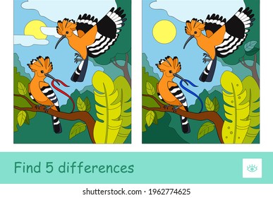 Find Five Differences Quiz Children Game With Image Of Two Hoopoes In A Wood. Wild Birds Preschool Kids Illustrations And Developmental Activity.