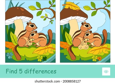 Find five differences quiz children game with image of two chipmunks sitting under the mushroom in a wood. Wild animals preschool kids illustrations and developmental activity.