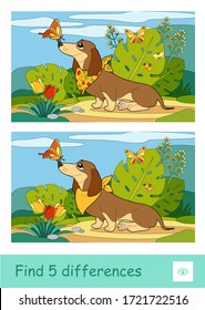 Find five differences quiz learning children game with image of a dog playing with butterflies on a meadow. Colorful image of pets. Developmental activity for children.