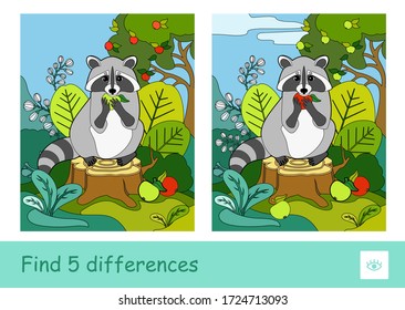 Find five differences quiz learning children game with a raccoon eating an apple sitting on a stump in a wood.