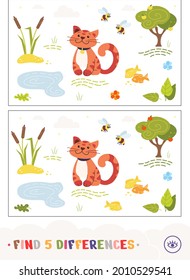Find five differences quiz learning children game with a striped cat sitting by the lake. Colorful image of pets-related developmental activity.