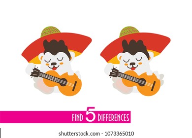 Find five differences vector illustration for kids: funny mexican character playing guitar. Great also for Cinco de Mayo materials.