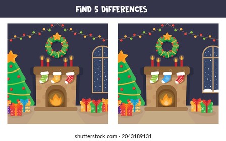 Find fives differences between two pictures of fire place.