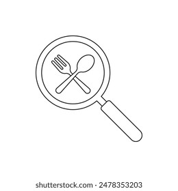 Find food, search restaurant. Magnifier with fork and spoon icon line style isolated on white background. Vector illustration