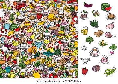 Find food, visual game. Solution in hidden layer! Illustration is in eps8 vector mode! Each elements are isolated and on separate layers.