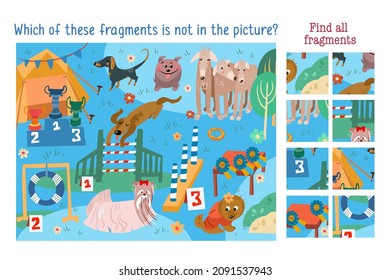 Find fragments. Child Game. Which of fragments is not in picture? Dog show with cute animals characters. Activities, vector illustration.